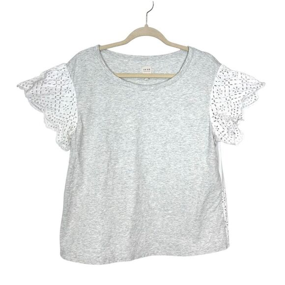 Rebecca Taylor La Vie Top Womens Large Grey Heather White Eyelet Sleeve Crewneck - Picture 2 of 10